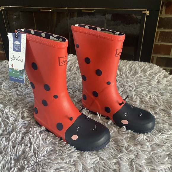 Joules Red Ladybug Rain Boots Big Kids Size 13 Red Black Pull On Wellie Boots - Picture 10 of 11